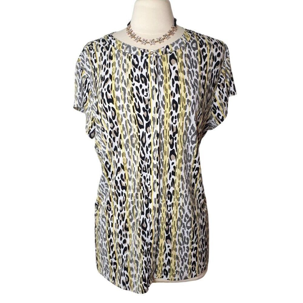Dana Buchman XL Leopard Print Striped Short Sleeve Stretch Blouse Y2K Glam